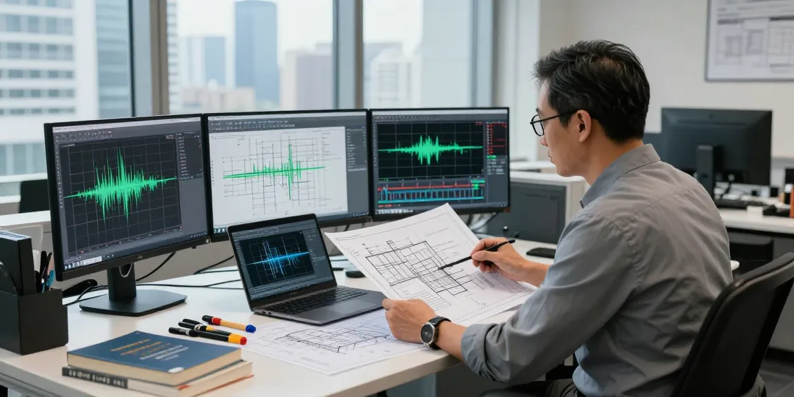 Seismic Design Engineer Canada analyzing structural plans in a modern office environment with CAD software and urban view.