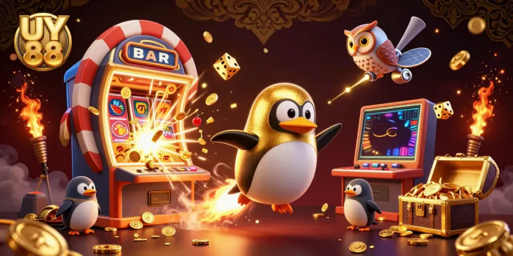Experience UY 88's thrilling energy with a golden penguin racing toward a jackpot in this vibrant casino scene.