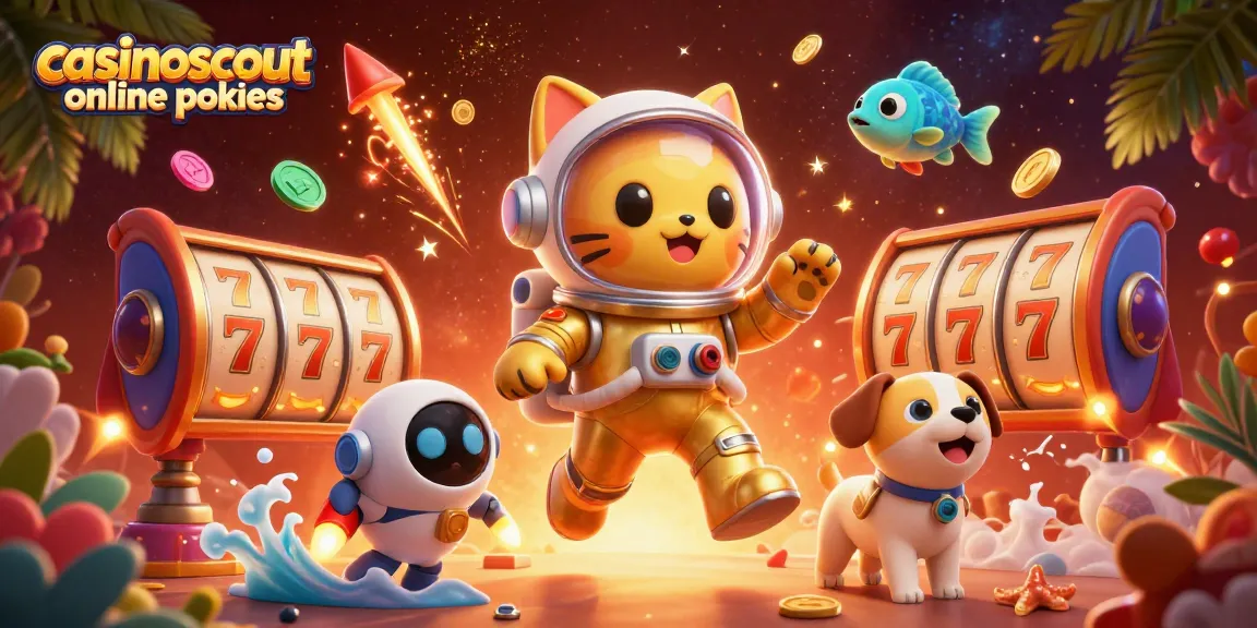 Engage with casinoscout online pokies through this vibrant 3D illustration of a space cat and robot dog in a casino universe.