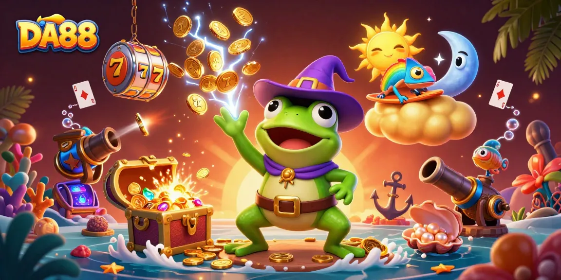Spin to win with DA88: A vibrant casino scene featuring golden coins, lucky charms, and dynamic characters.