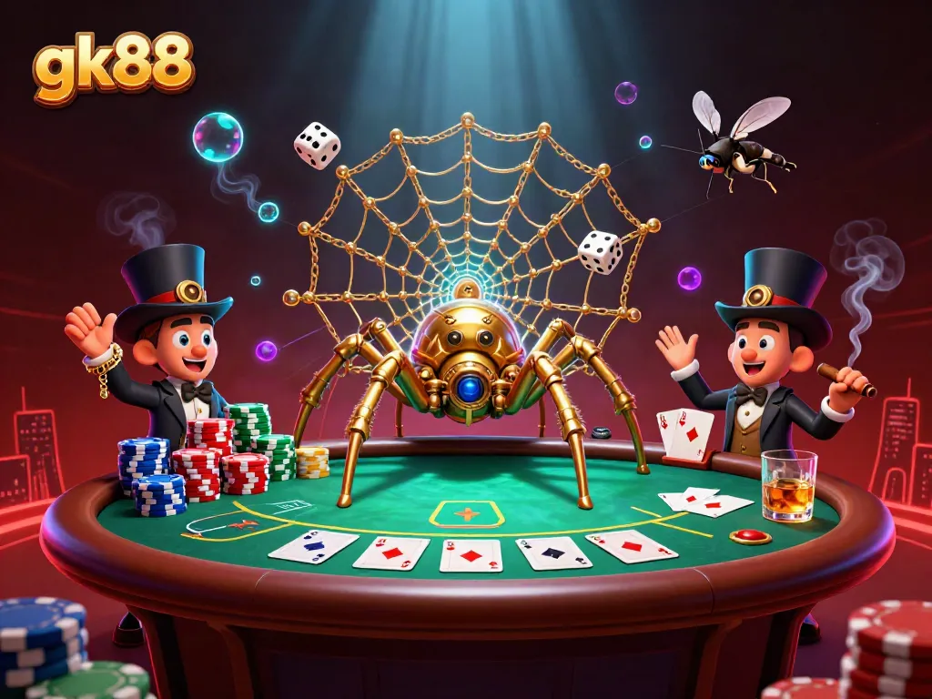 Engage with gk88’s vibrant 3D artwork showing a steampunk spider and delighted fly gentleman in a dynamic casino scene.
