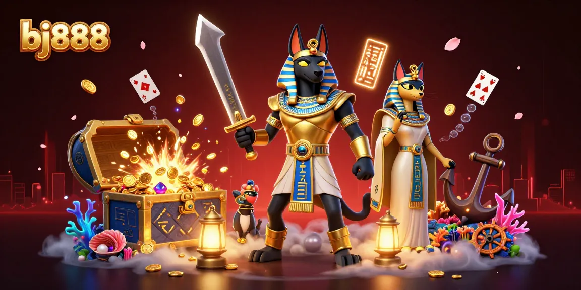 Experience thrilling gameplay at bj888 with ancient characters and prize-filled treasures in a vibrant scene.