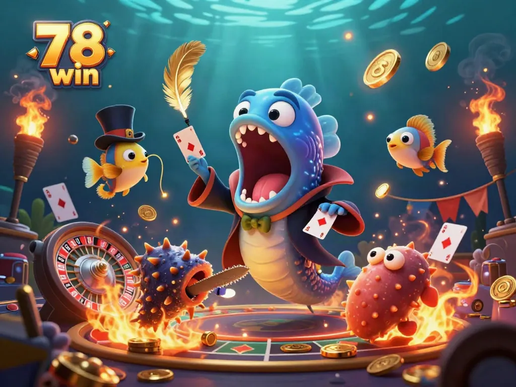 Experience the excitement of 78 win with colorful characters in a lively casino scene full of golden tokens and fire effects.