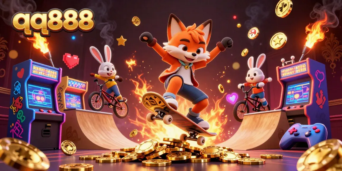 Experience thrilling action at qq888 with a skateboard fox and BMX rabbit in a vibrant casino scene.