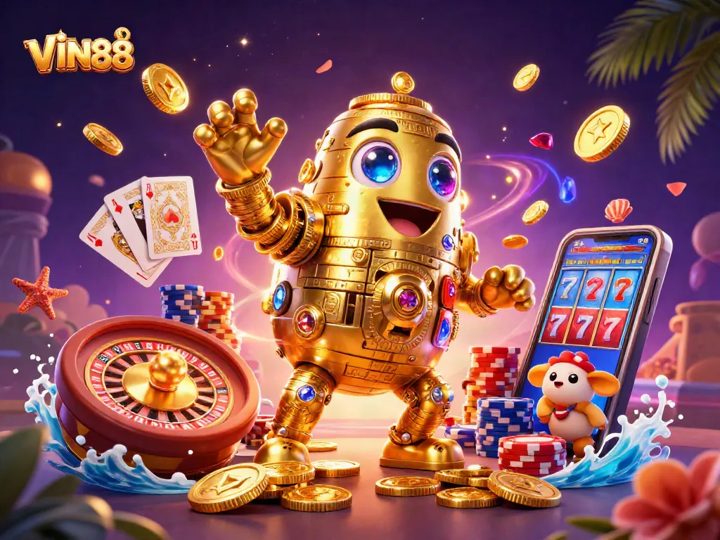 Engage with VIN88's thrilling casino experience featuring a golden golem and dynamic game elements.