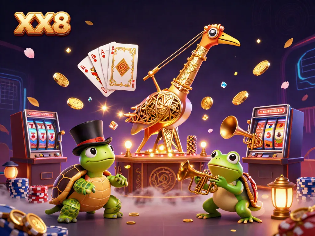 Experience excitement at XX8 with cartoon characters in a vibrant casino scene featuring rich game elements.