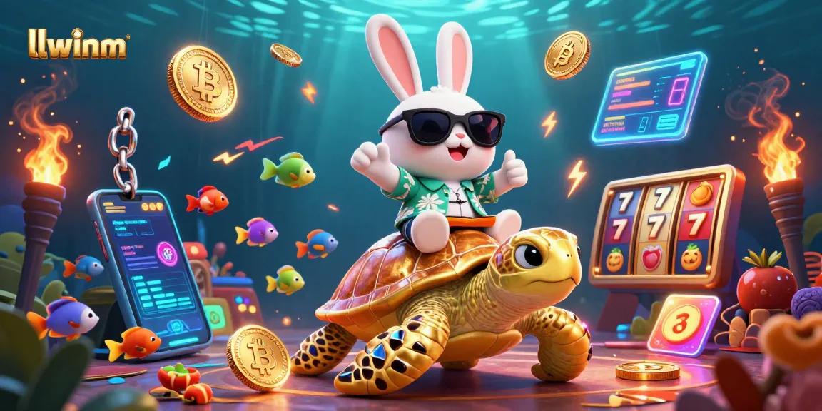 llwinm showcases a lively casino scene featuring a lucky rabbit, turtle, Bitcoin, and glowing slot elements.