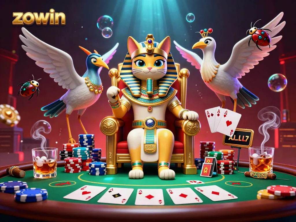 Experience thrilling gaming with ZOWIN featuring a majestic pharaoh cat on a golden throne