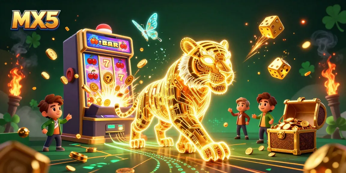 Experience the thrill of MX5 casino with dynamic 3D illustration showcasing winning slots and vibrant gameplay.