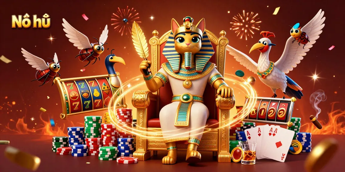 Nổ hũ slot game illustration showcasing casino excitement with Egyptian characters and vibrant elements.