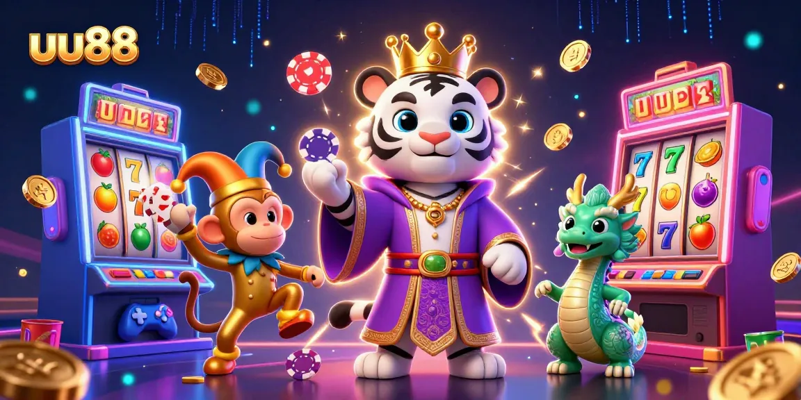 Experience the thrills of uu88 with a vibrant casino scene featuring a tiger, monkey, and dragon.