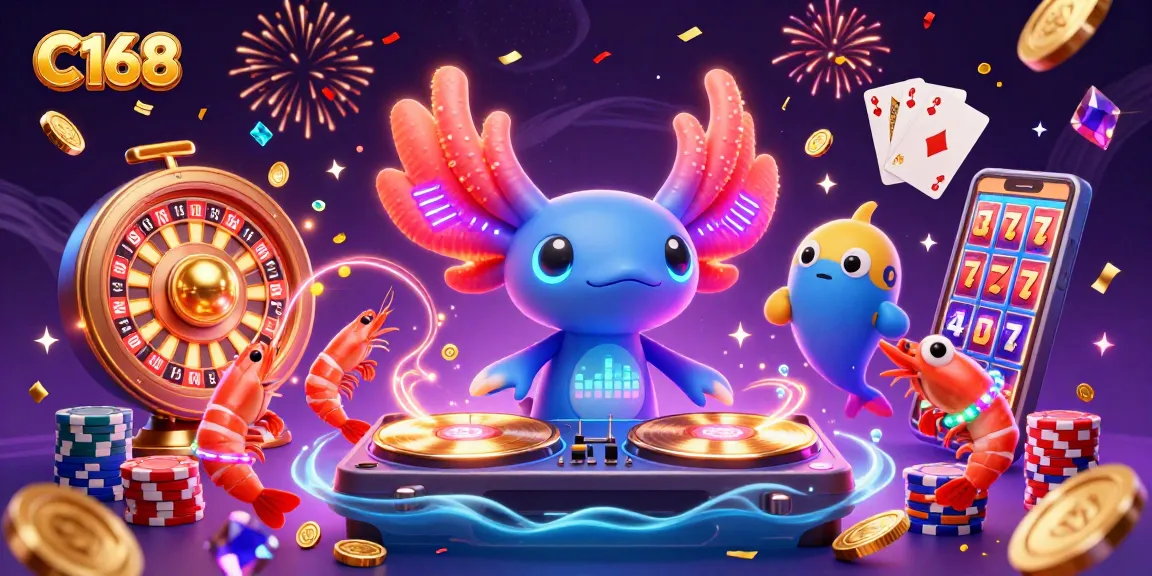 C168 brings excitement with an axolotl DJ, sparkling gems, and dynamic casino elements in a vibrant underwater scene.