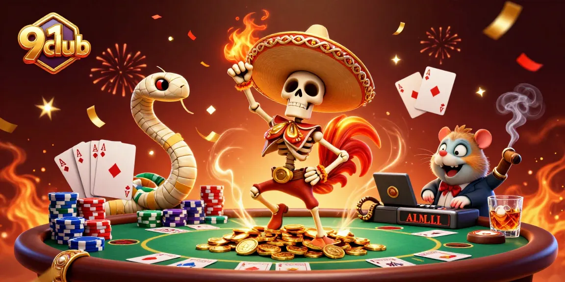 Join the fun at 91club with vibrant casino characters amidst golden coins and poker games.