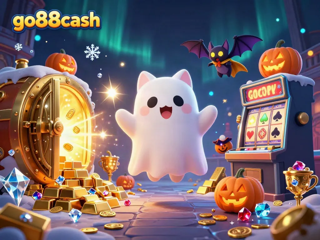 Experience winning at go88cash with a thrilling 3D animation of a ghost cat and vampire bat in a haunted casino.