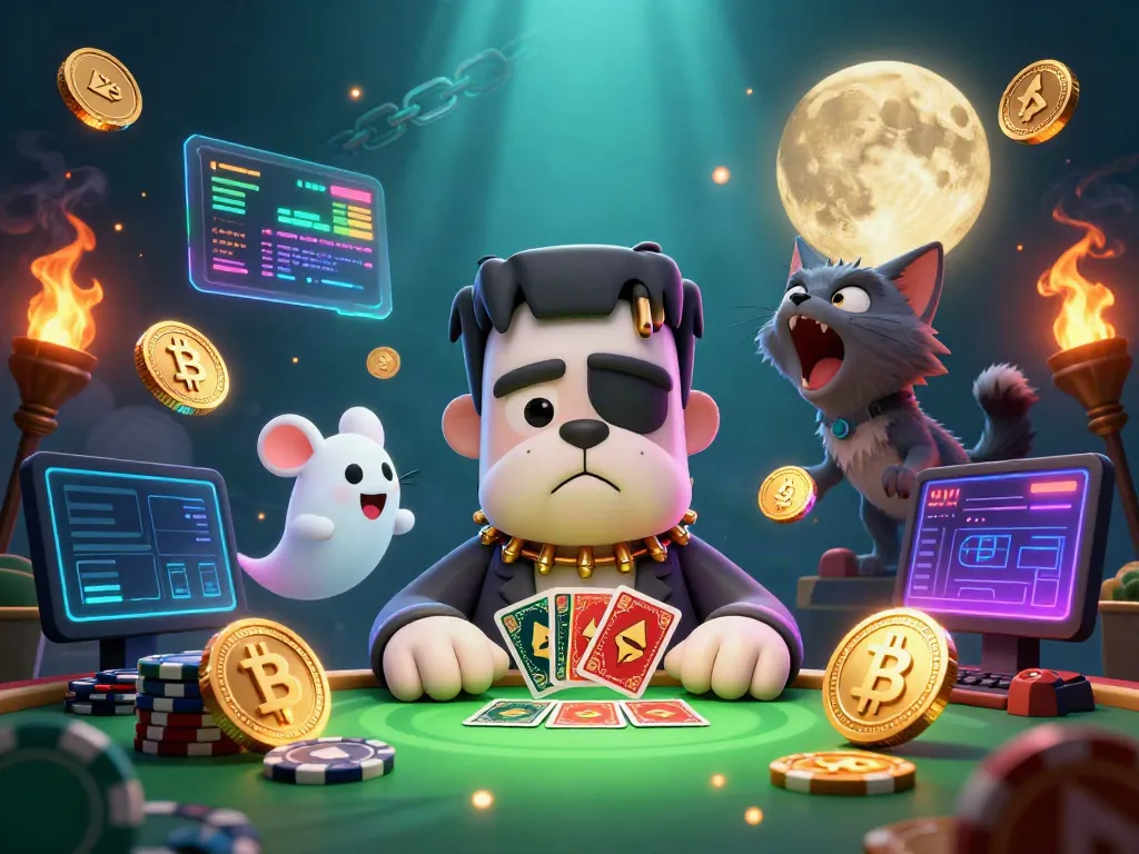 Engage in thrilling 8s gaming with characters at a spooky casino table featuring crypto elements.