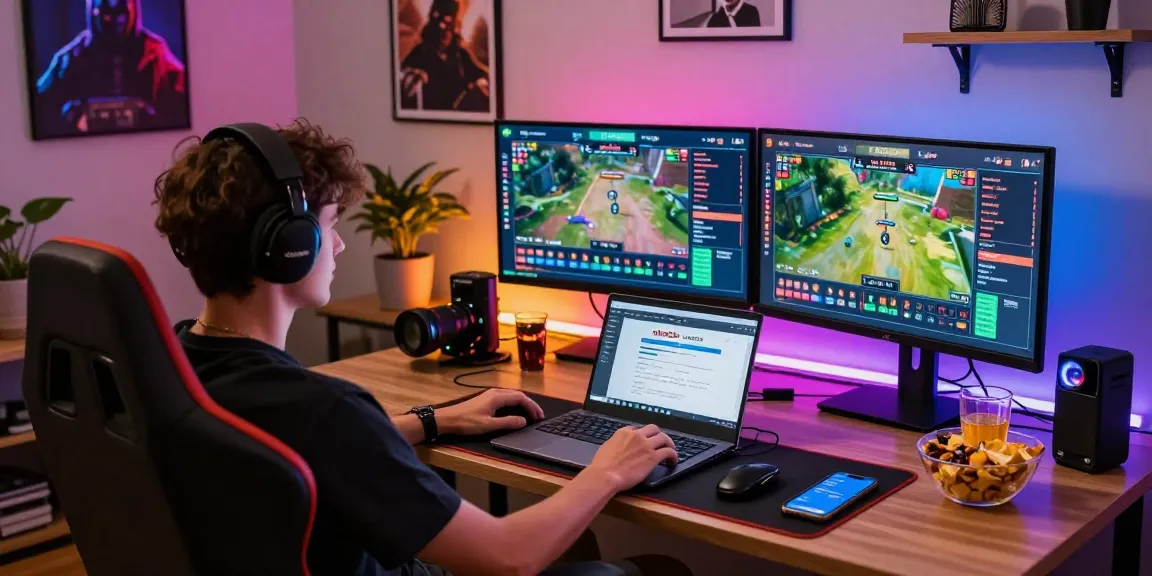 Engaging online gambling experience on ok8386 com, featuring multiple screens, snacks, and modern gaming setup.