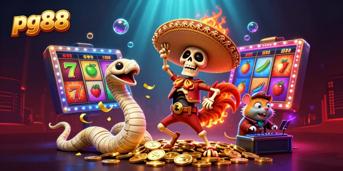Experience exciting gameplay at pg88 with a vibrant scene featuring lively casino characters and slot reels.