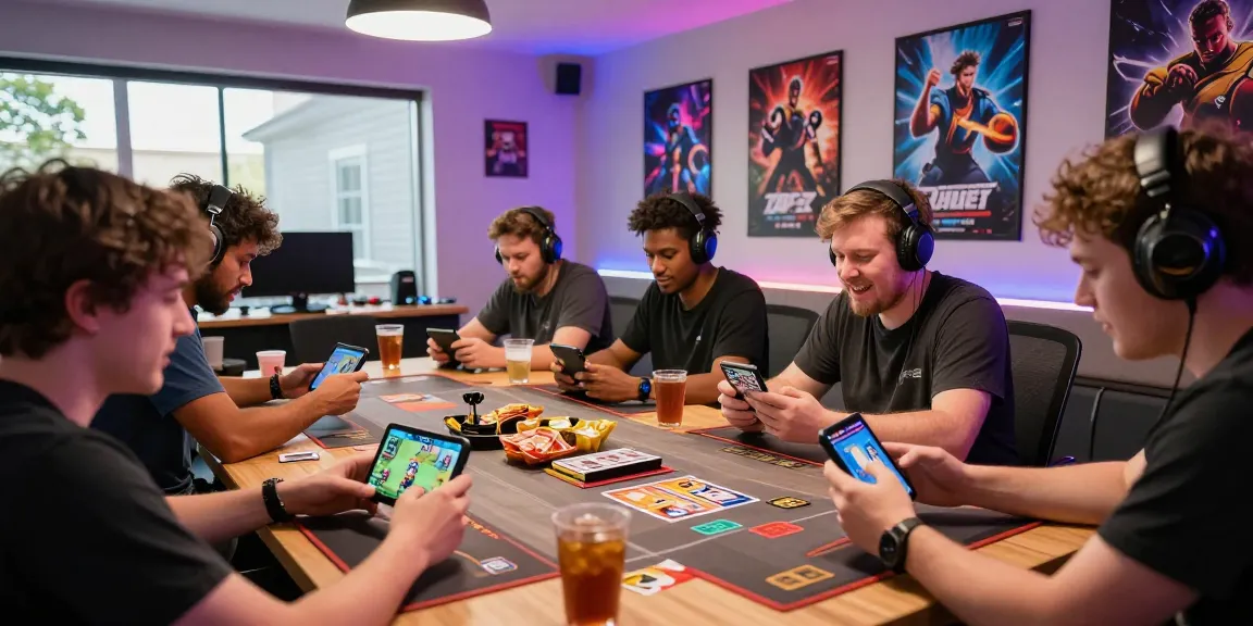 Engaged players enjoying the Zowin gaming experience on mobile devices in a modern, lively setting.