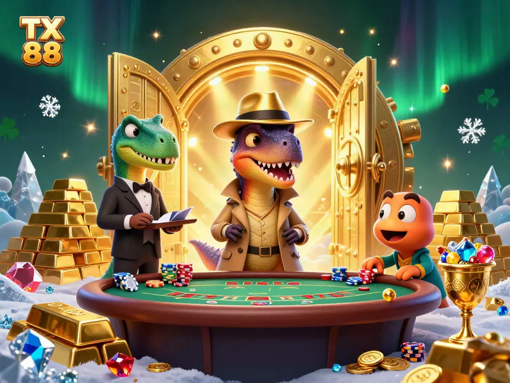Engage with TX 88 while a velociraptor blends in at a blackjack table amidst treasure and gems.