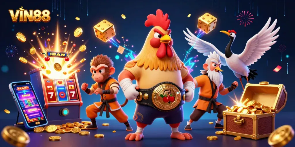Experience the thrill of winning at VIN88 with engaging characters and vibrant casino elements.