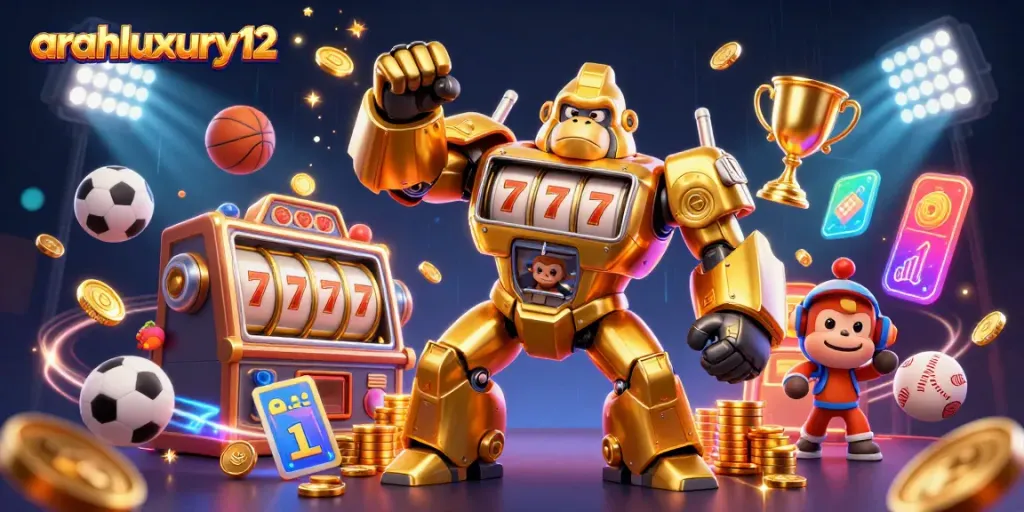 Experience thrilling wins with arahluxury12's dynamic slot game illustration featuring an action-packed gorilla mech.