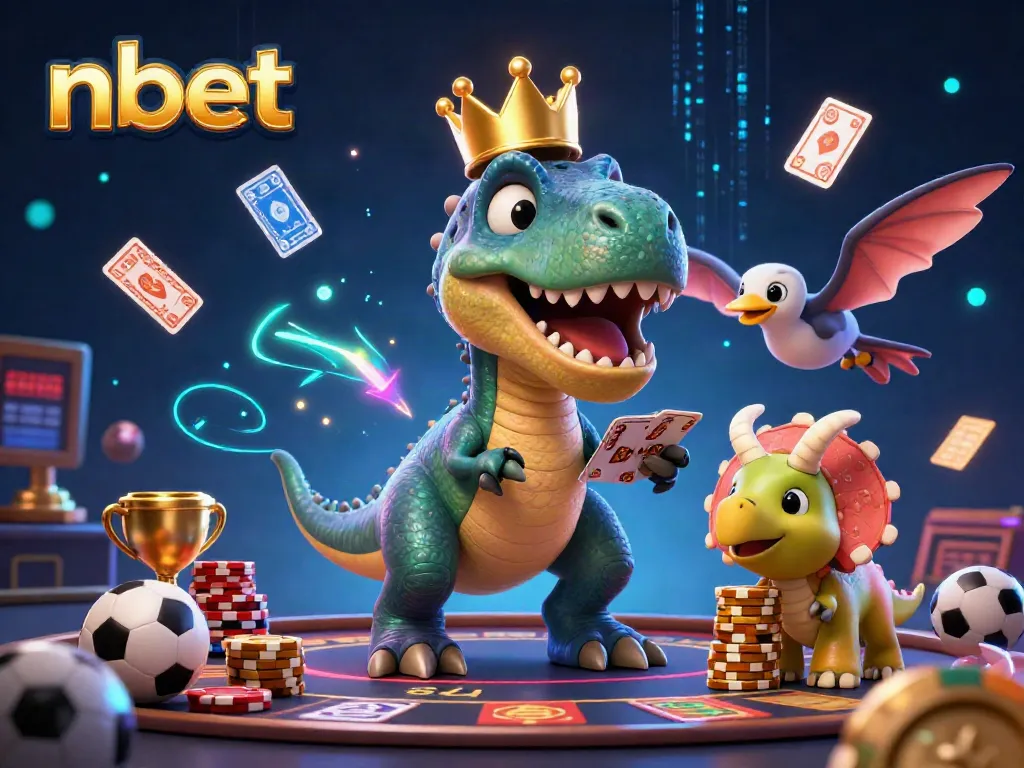 Experience thrilling bets with nbet as T-Rex shuffles cards, assisted by pterodactyl, at a lively casino.