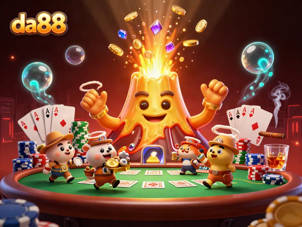 Experience the thrilling da88 casino adventure with a triumphant volcano and treasure-filled explorers.