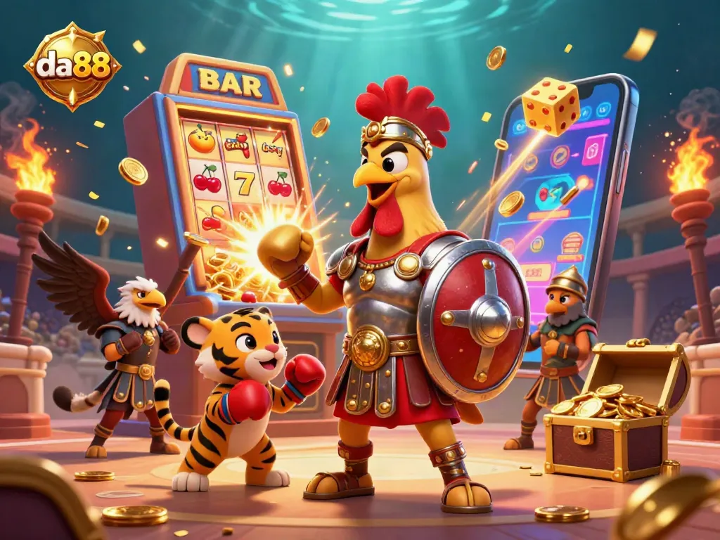Experience the thrilling world of da88 with a vibrant 3D casino illustration depicting exciting slot jackpots.