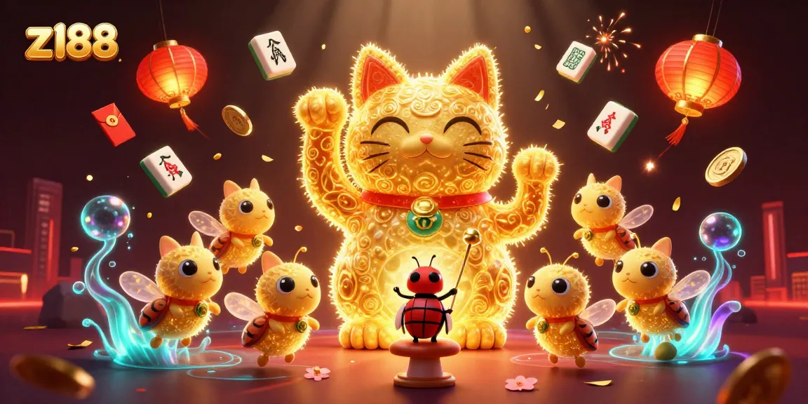 Catch the excitement of z188 with a vibrant, ultra-detailed scene of a lucky cat surrounded by casino symbols.