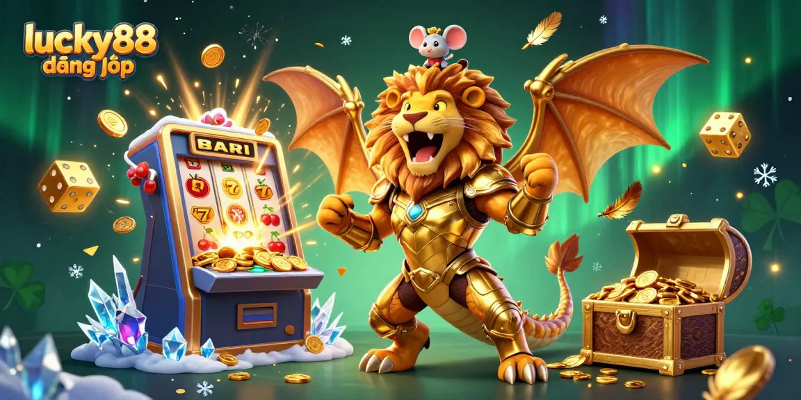 Experience thrilling gameplay with lucky88 đăng nhập featuring a 3D chimera triumphing over a jackpot slot machine and golden treasures.