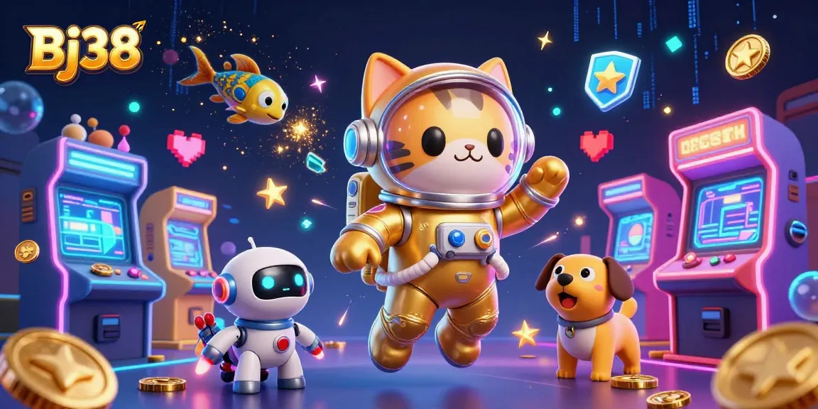 Bj38 showcases thrilling gaming action with a futuristic space theme featuring an astronaut cat and robot dog.