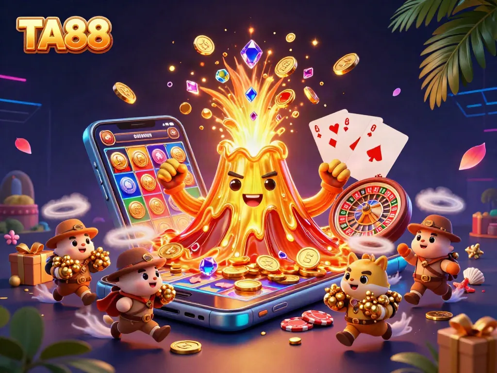 Engage with TA88's thrilling online games amidst a dynamic cartoon casino scene.