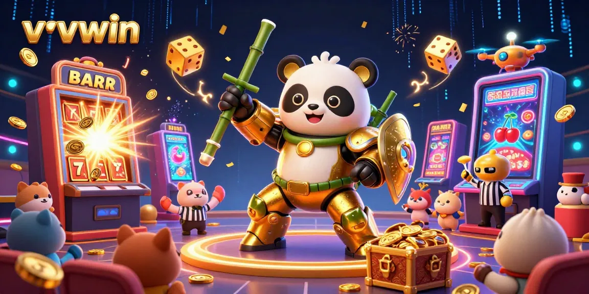 Experience the excitement of vvvwin's online casino with a vibrant 3D illustration of a panda in a fighting robot amidst a jackpot explosion.