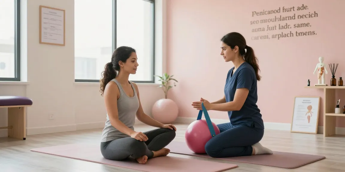 Pelvic floor therapy Abu Dhabi session with a therapist guiding a patient through exercises in a relaxing clinic environment.