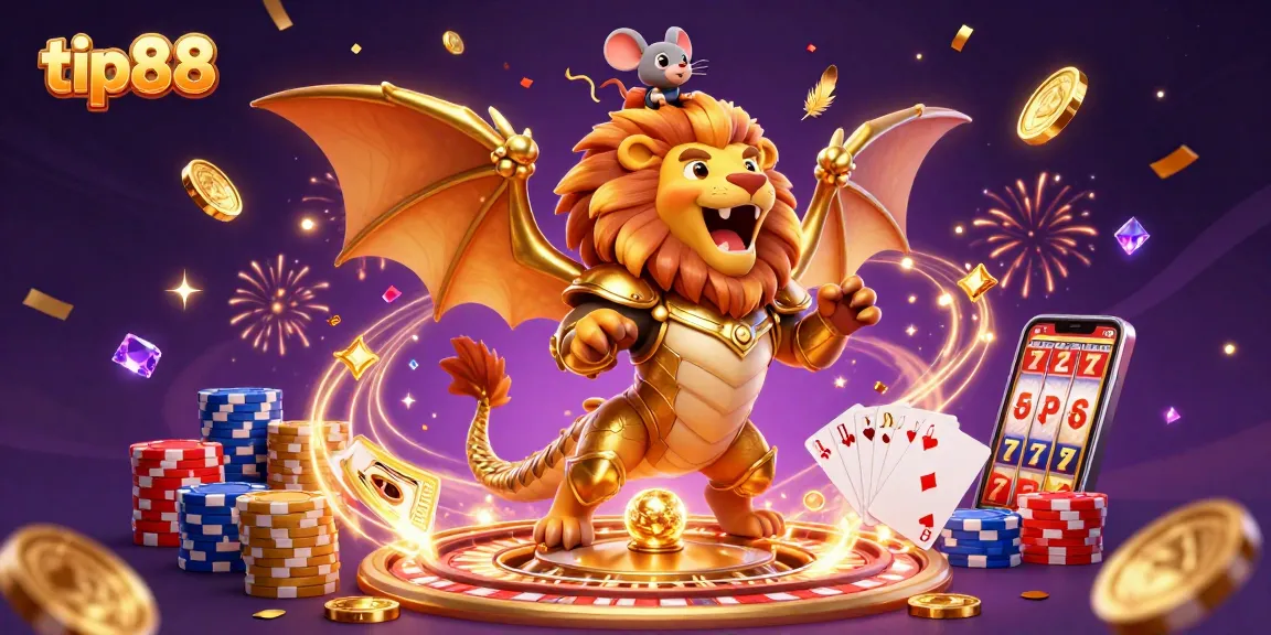 Experience the thrill of gaming with tip88, featuring 3D chimera in golden armor and dynamic casino elements.