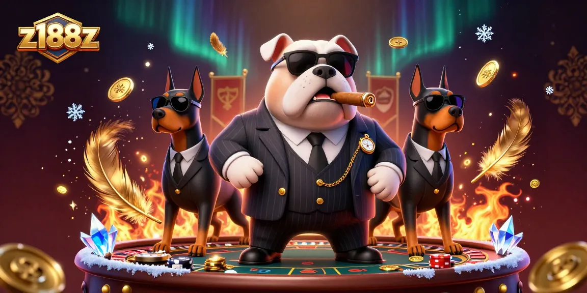 Engage with exciting games at z188z, featuring a mafia boss bulldog and bodyguard Dobermans in a vibrant, casino-themed scene.