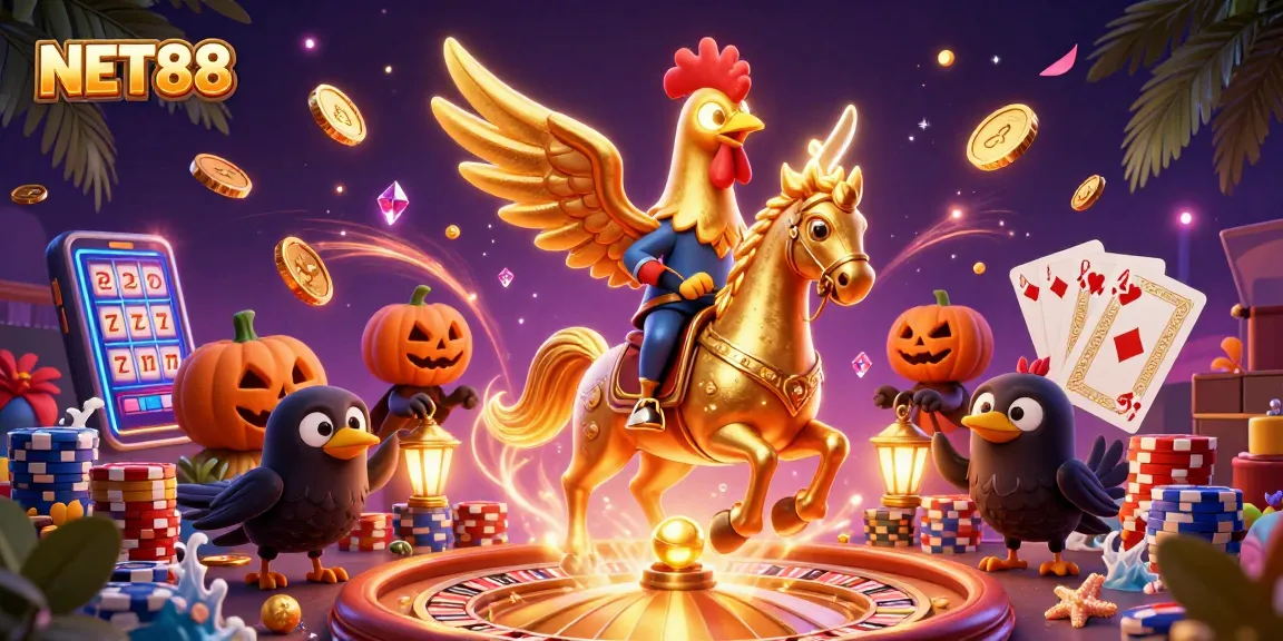 Experience NET88's dynamic casino atmosphere with a golden rooster and joyful chaos of gaming elements.