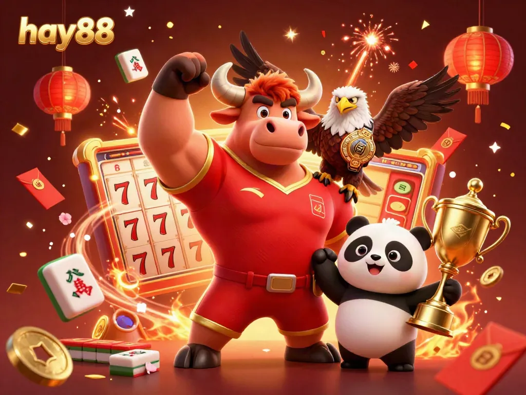 Celebrate with hay88 at a vibrant casino, featuring a triumphant bull mascot and festive casino elements.