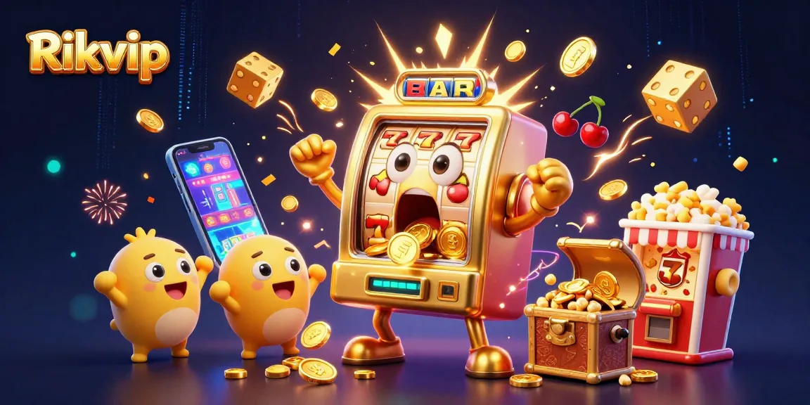 Rikvip slot machine hitting a jackpot, surrounded by gold coins and cheering baby slot machines, emphasizing excitement
