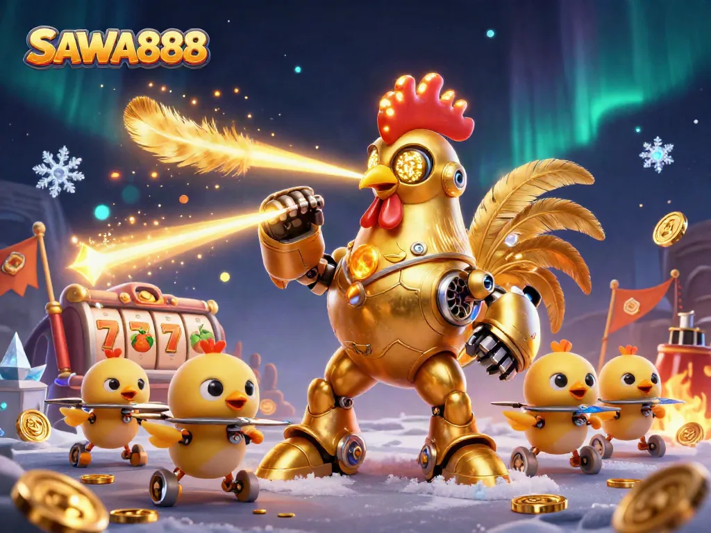 SAWA888 showcases a golden rooster robot amidst dynamic slots action, enhancing the casino experience.