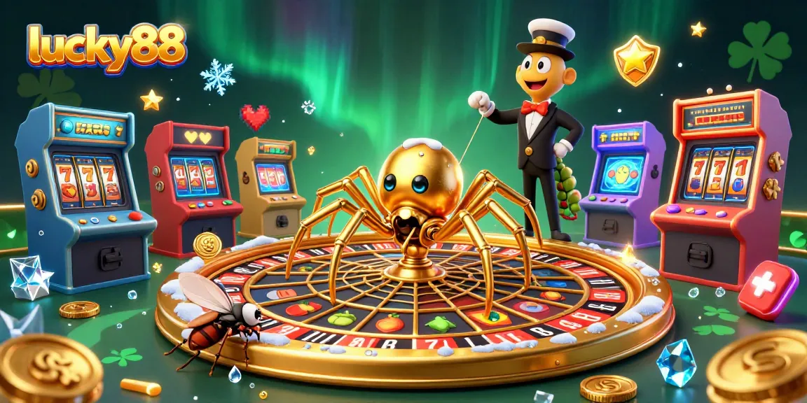 Engage with lucky88's vibrant casino web as the golden spider spins a roulette wheel with spirited bets.