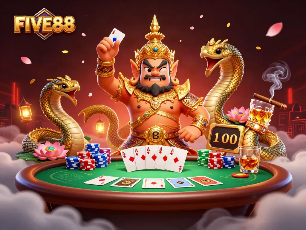 Players enjoy vibrant gaming action at FIVE88 with poker and festive elements in a captivating 3D scene.