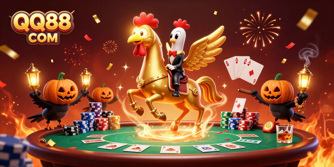 Experience thrilling casino action at QQ88 COM with a 3D golden rooster riding through a vibrant gaming scene.