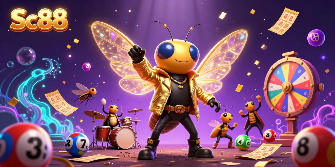 Engage with Sc 88 in an electrifying 3D scene featuring a cicada rock star and vibrant games.