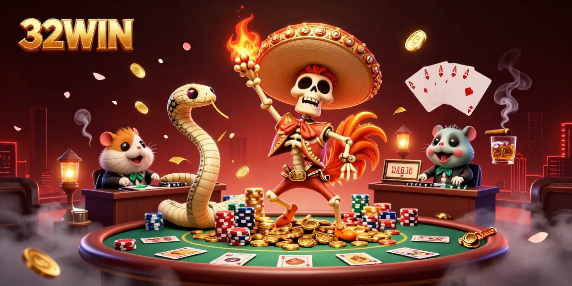 Experience the vibrant action at 32WIN with a celebratory mariachi rooster and winning poker elements.