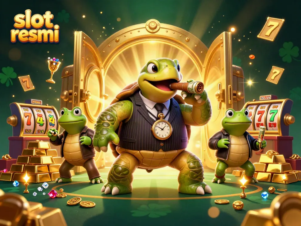 Engaging scene showcasing "slot resmi" with a mobster turtle and bullfrog enforcers at a vibrant casino.