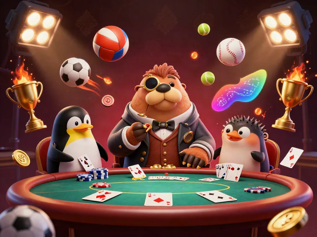 Engage in an exciting poker scene at nk 88 with a jolly walrus and sophisticated penguin dealer, surrounded by dynamic game elements.