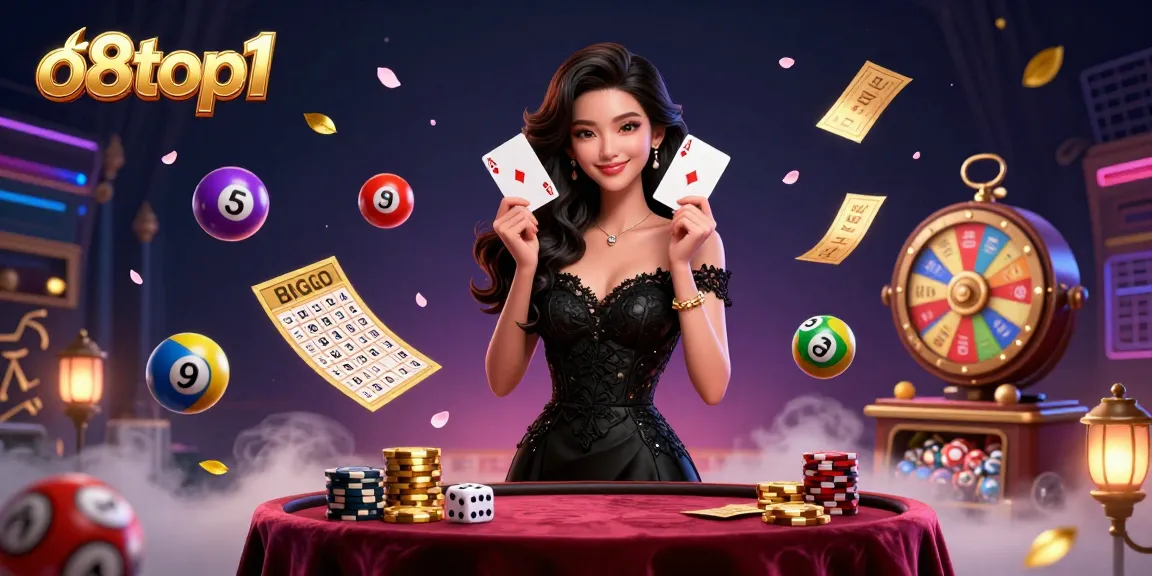 Engage in thrilling lotteries with colorful elements at o8top1, featuring a glamorous dealer and vibrant prizes.