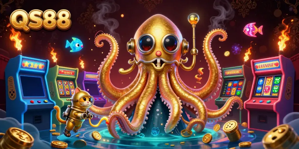 Engage with QS88's thrilling casino illustration featuring a kraken, diving cat, and dynamic game elements.