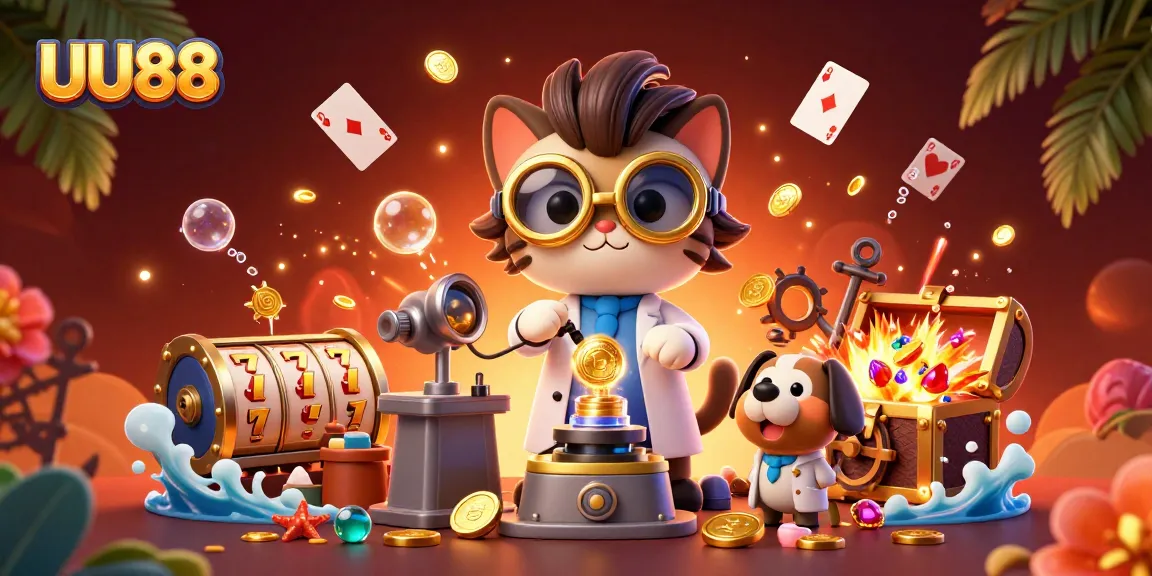 Experience thrilling gaming action with UU88's vibrant casino-themed illustration of a mad scientist cat